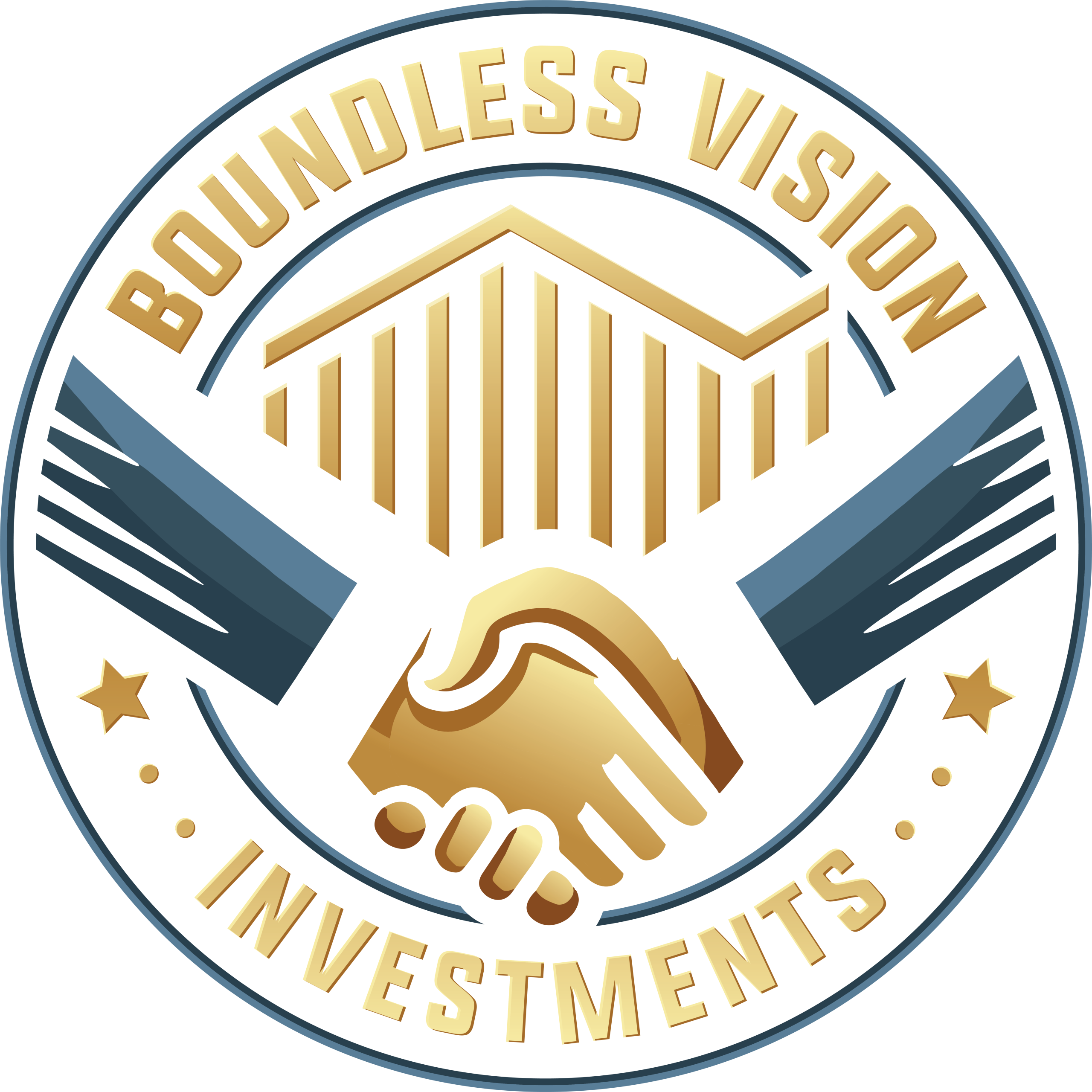 Boundless Vision Investments logo—gold handshake beneath classic pillars in a navy-and-gold seal, representing trusted, family-owned cash home buyers.